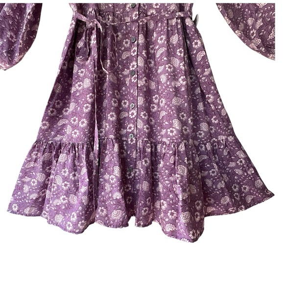 NWT | FLORAL RUFFLE HEM BOHO DRESS BUTTON FRONT TIE WAIST PURPLE | SIZE: SMALL - Picture 7 of 13
